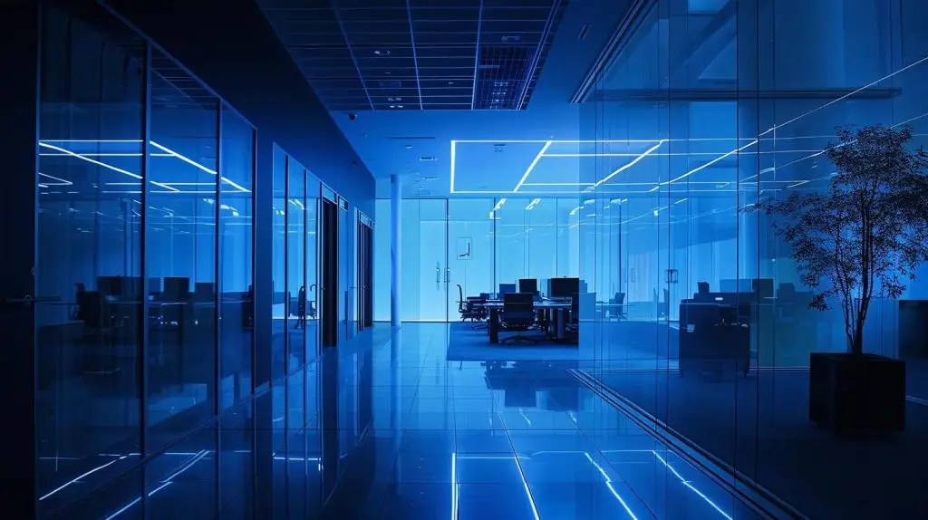a sleek, modern office filled with high-tech screens displaying real-time compliance metrics and security alerts, illuminated by a cool blue light that accentuates the urgency and sophistication of advanced monitoring solutions.