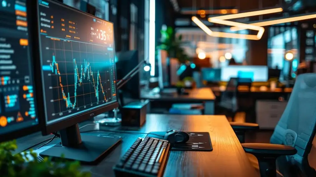 a sleek, modern office filled with multiple high-tech monitors displaying cybersecurity analytics and threat maps, illuminated by ambient lighting that underscores the urgency of network protection.