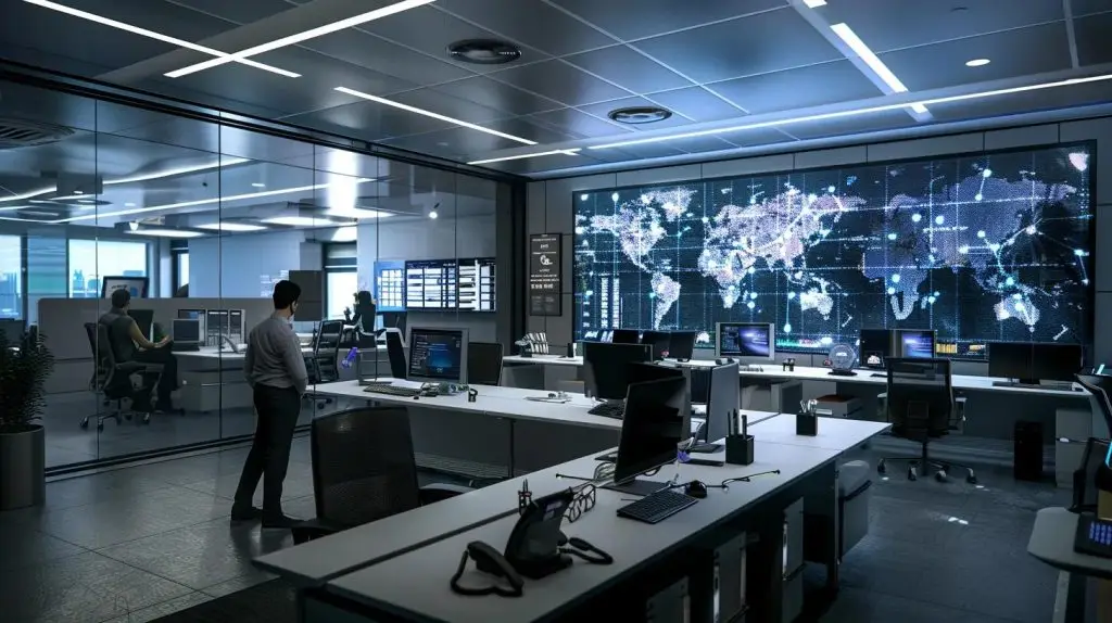 a sleek, modern office filled with collaborative teams, focused on a large display screen showcasing a comprehensive incident response plan template, with highlighted sections emphasizing roles, procedures, and recovery strategies.