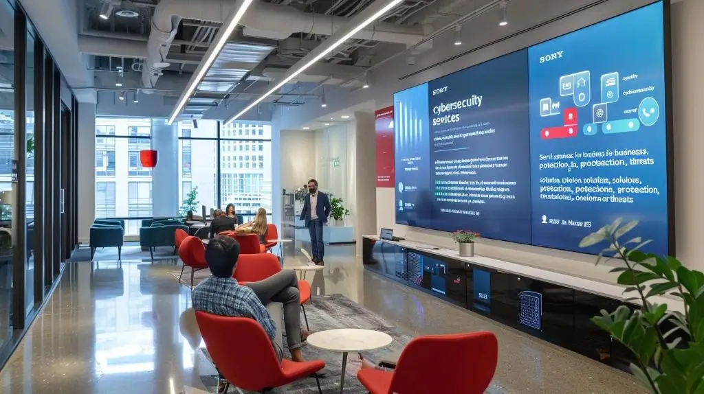 a sleek, modern office filled with professionals engaged in discussions around a digital screen displaying infographics about