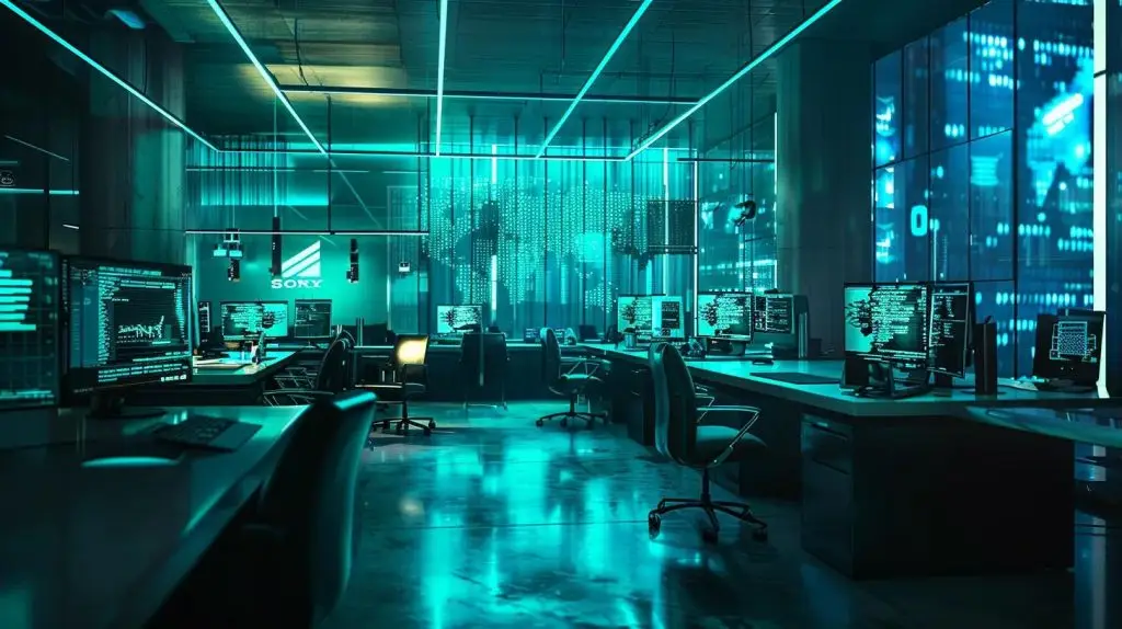 a sleek, modern office filled with advanced monitors and cybersecurity dashboards, showcasing an intricate network security audit process highlighted by vivid blue and green data streams illuminating the dimly lit space.