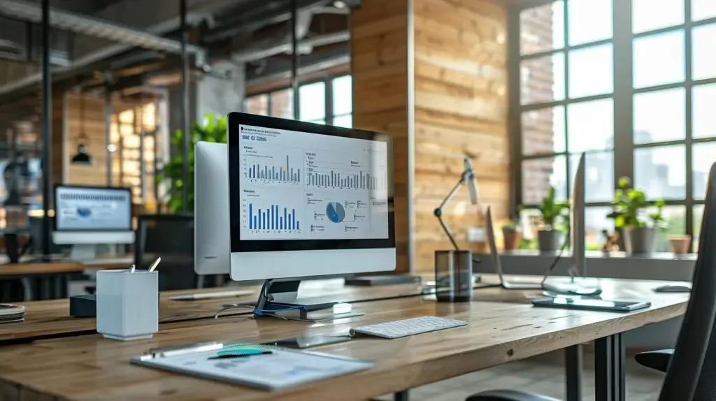 a sleek, modern office filled with advanced cybersecurity monitors displaying vibrant threat intelligence data dashboards, emphasizing the critical role of technology in proactive security management and business resilience.