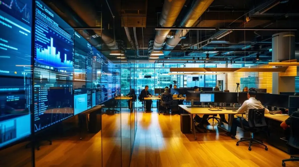 a sleek, modern office in brisbane, illuminated by vibrant led screens displaying analytics and cybersecurity data, showcases a focused professional discussing cost-effective vciso solutions with a diverse team amid a backdrop of digital security imagery.