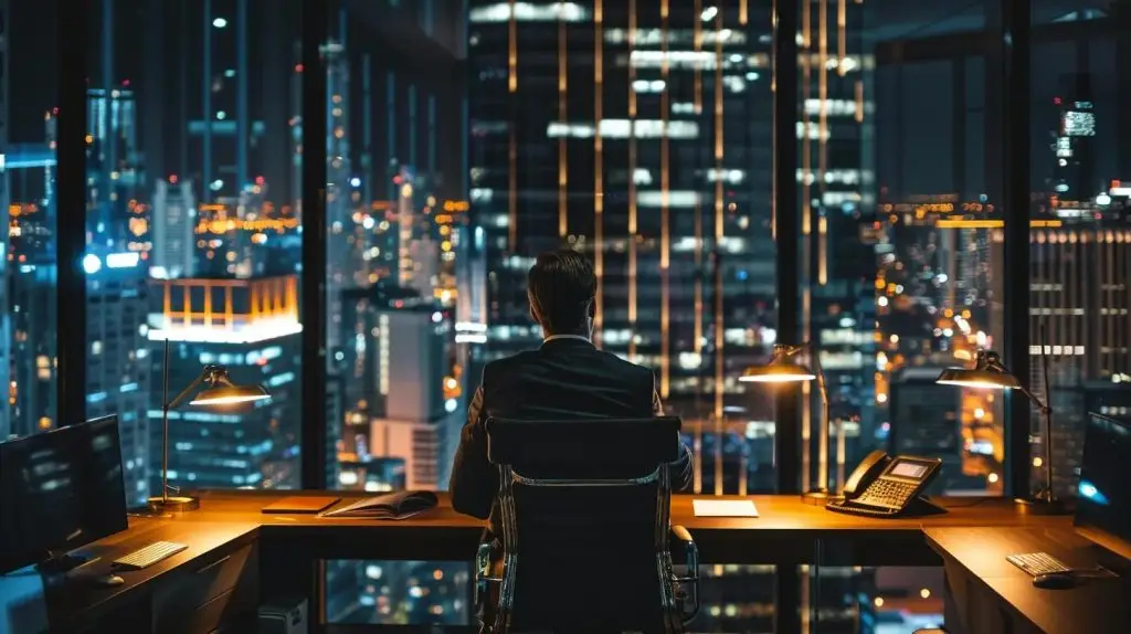 a sleek, modern office in brisbane featuring a confident vciso consultant engaged in a strategic discussion with business leaders, illuminated by dynamic overhead lighting, emphasizing the high-stakes environment of cybersecurity management.