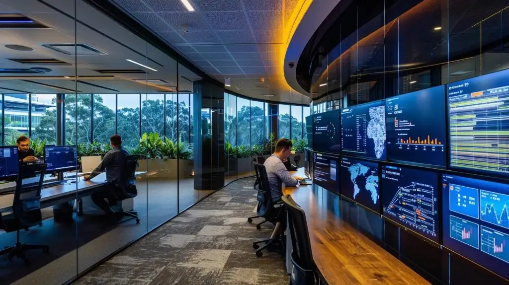 a sleek, modern office in brisbane features a group of cybersecurity professionals engaged in a dynamic discussion around a digital security dashboard, illuminated by the soft glow of computer screens displaying real-time threat data.