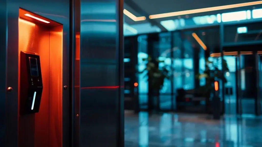 a sleek, modern office interior showcases an advanced access control system, featuring biometric scanners and digital displays, highlighting the integration of technology and security within a corporate environment.