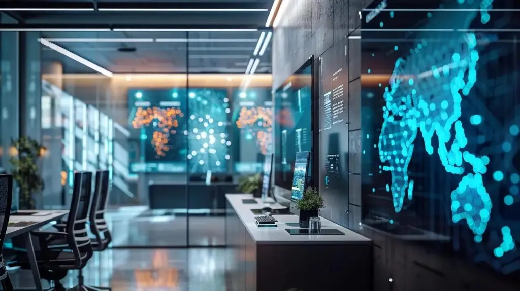 a sleek, modern office interior showcases a secure user authentication setup on an expansive digital display, with vibrant visuals of diverse security methods, emphasizing the theme of enhanced identity management in a technology-driven environment.