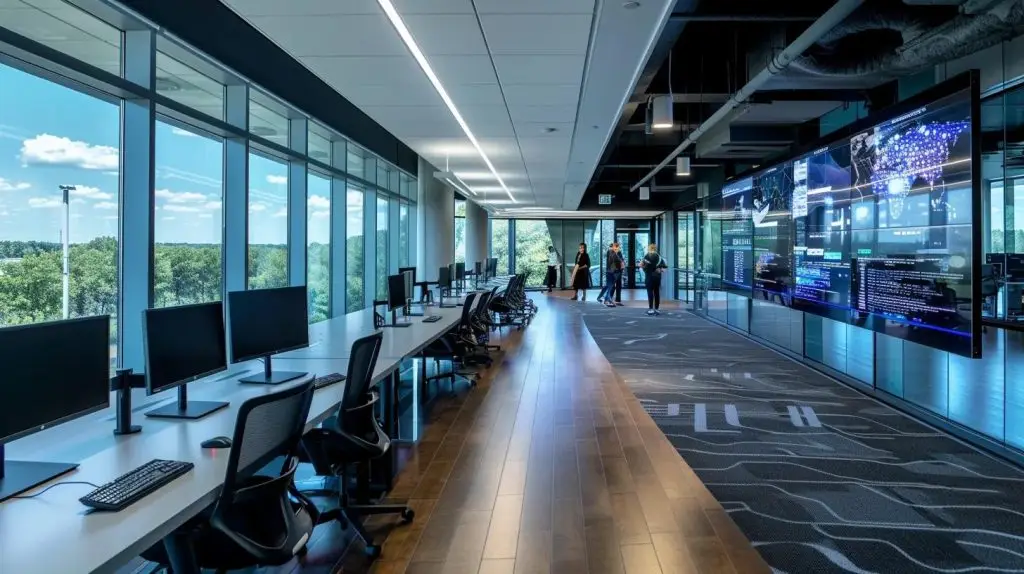 a sleek, modern office interior showcases a diverse team of cybersecurity professionals engaged in a collaborative strategy session, surrounded by digital screens displaying security data and analytics.