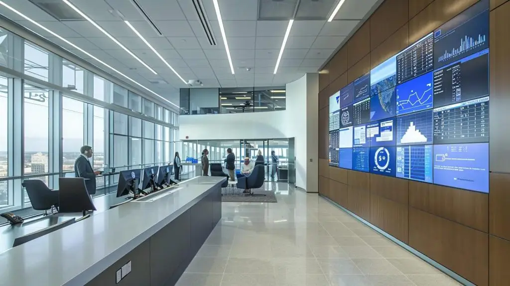 a sleek, modern office interior showcases a group of professionals engaged in an animated discussion around a digital access control system interface displayed on a large screen, emphasizing their strategic planning for enhanced organizational security.