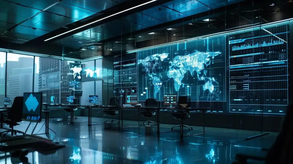 a sleek, modern office interior features a large digital display showcasing diverse cybersecurity risk assessment tools, with focused professionals engaged in strategic discussions around a polished conference table.