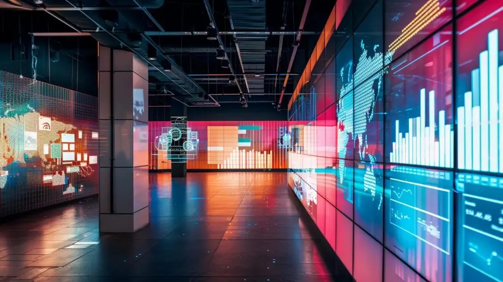 a sleek, modern office interior filled with digital screens displaying cloud identity management analytics, showcasing vibrant graphs and data streams in a high-tech environment.