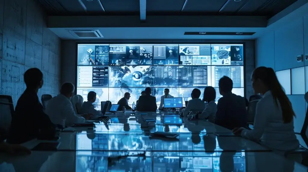 a sleek, modern office meeting room features a diverse group of professionals engaged in a dynamic discussion, surrounded by digital screens displaying security frameworks and iso compliance metrics, emphasizing the ongoing journey of improvement in organizational security practices.