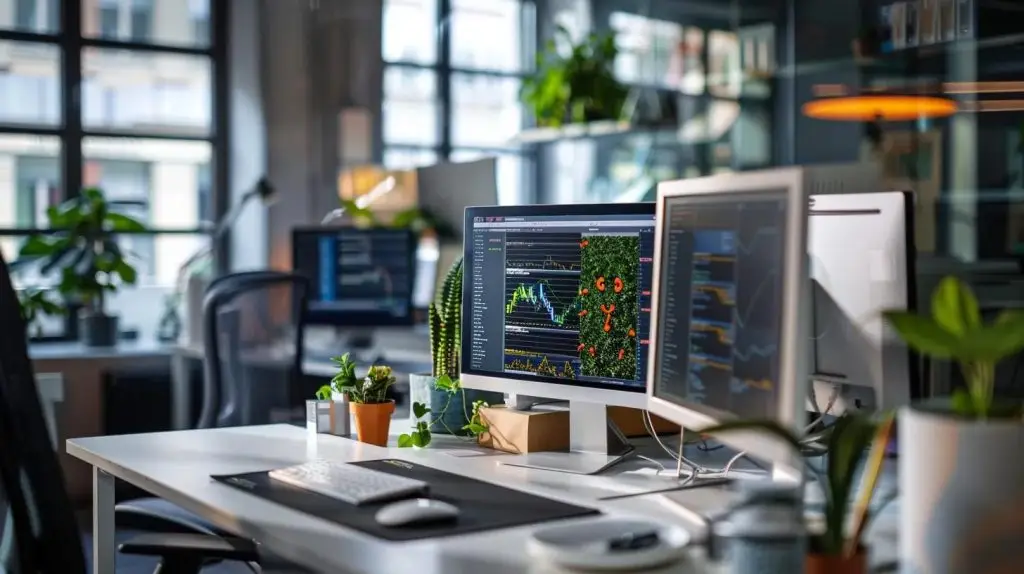 a sleek, modern office setting with multiple monitors displaying complex sql server transaction flow charts, highlighting advanced control techniques in a high-tech, collaborative environment.