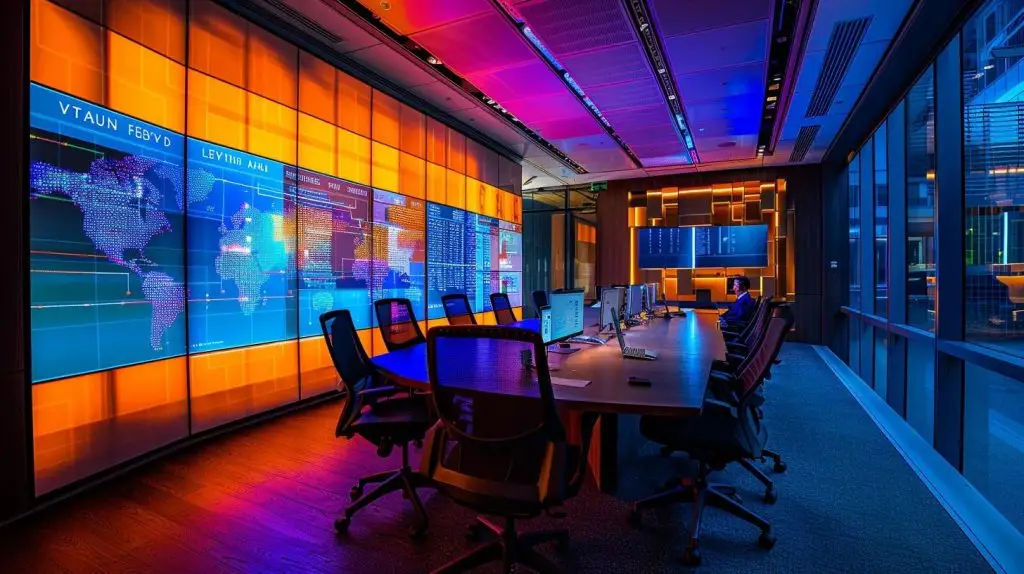 a sleek, modern office setting illuminated by ambient lighting features a diverse team engaged in a strategic meeting, analyzing security compliance reports displayed on large digital screens, conveying a sense of focused collaboration and proactive adaptation to evolving threats.