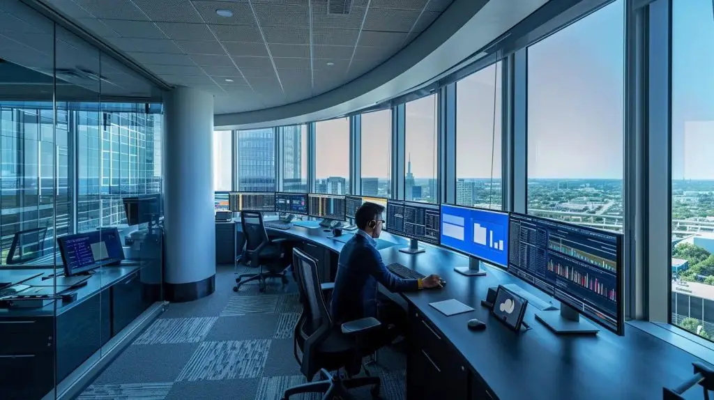 a sleek, modern office setting features an expert auditor analyzing data on multiple high-tech screens, showcasing the structured and efficient process of a security compliance audit.