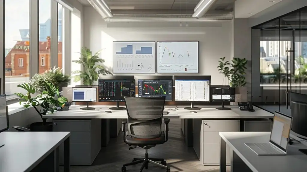 a sleek, modern office setting with advanced digital security interfaces displayed on multiple monitors, highlighting a cybersecurity risk assessment in progress with striking visualizations of data and threats.