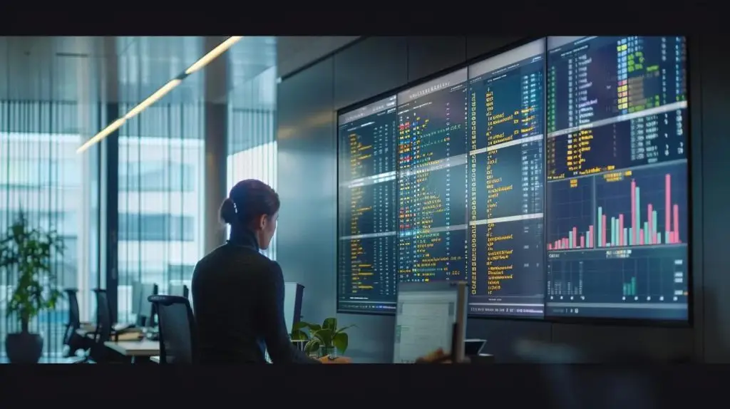a sleek, modern office setting features a large digital display showcasing a dynamic sql server interface, with transaction control statements highlighted in bold, conveying the precise execution of operations in a high-stakes data integrity environment.