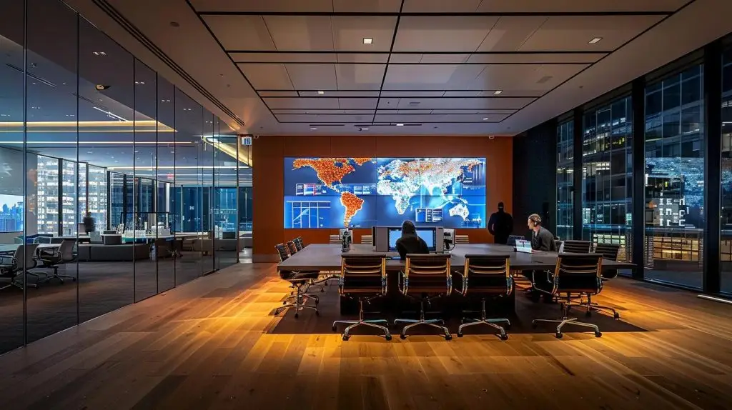 a sleek, modern office setting featuring a focused team engaged in a strategic discussion about cybersecurity solutions, illuminated by clean artificial lighting that highlights a large digital display showing a regional threat map.