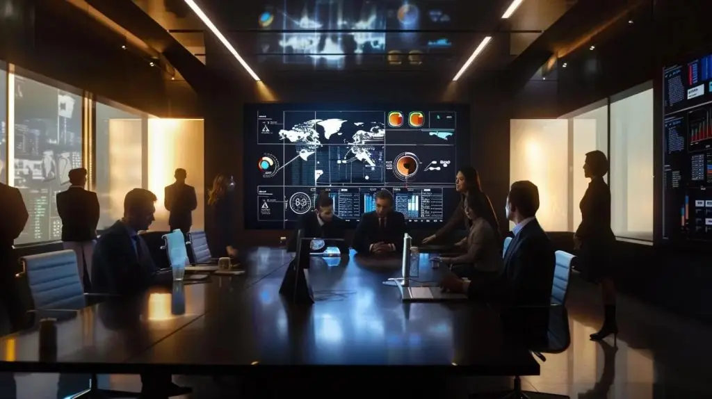 a sleek, modern office setting with high-tech security screens displaying complex authentication protocols, surrounded by professionals engaged in discussions about multi-layered security measures and cutting-edge biometric solutions.