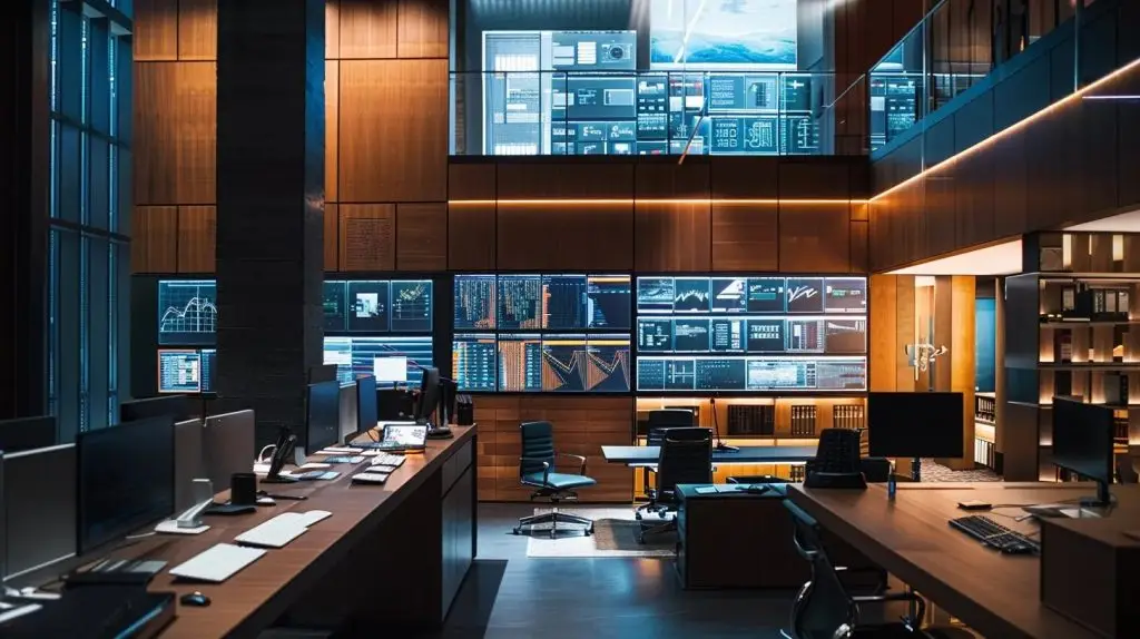 a sleek, modern office setting showcases a diverse array of digital threat intelligence tools displayed on multiple screens, highlighting the critical evaluation process with focused individuals engaged in discussion, illuminated by soft, ambient lighting that enhances the high-tech atmosphere.