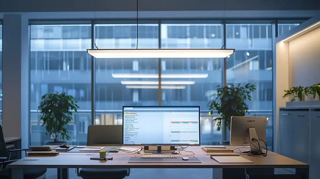 a sleek, modern office setting showcases a computer screen displaying alarming notifications and warning signs about outdated security software, illuminated by stark overhead lighting that emphasizes the urgency of cybersecurity awareness.