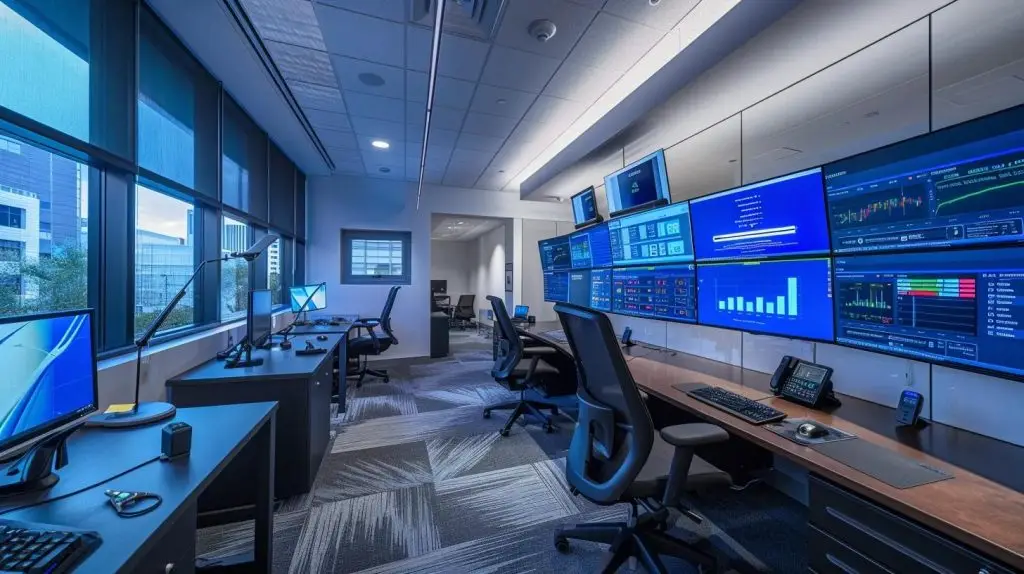 a sleek, modern office setting with multiple computer screens displaying interactive cybersecurity risk assessment dashboards, illuminated by cool blue lights that emphasize a high-tech atmosphere of vigilance and analysis.