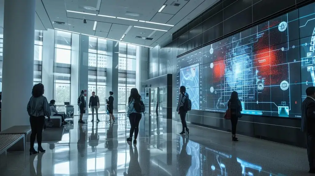 a sleek, modern office setting buzzes with activity as professionals engage in a collaborative discussion around a large digital display featuring the nist cybersecurity framework, symbolizing the transformation of theoretical security measures into actionable strategies.