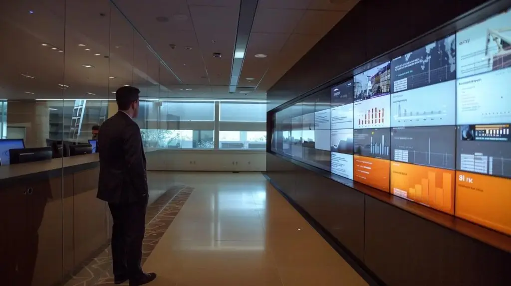 a sleek, modern office setting showcases a focused business professional analyzing data on a large screen, highlighting the importance of long-tail keywords in cybersecurity marketing strategies.