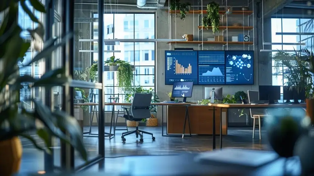a sleek, modern office setting displays multiple high-resolution screens showcasing real-time data analytics and threat intelligence dashboards, emphasizing the integration of advanced security tools within a collaborative team environment.
