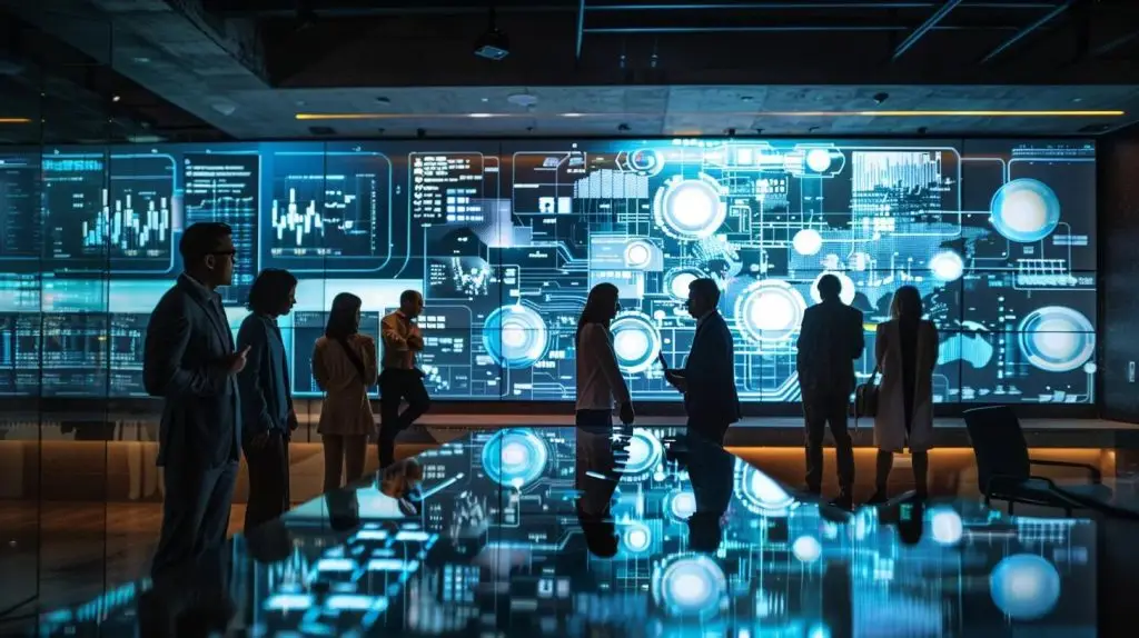 a sleek, modern office setting featuring a diverse group of professionals engaged in a collaborative discussion around a high-tech digital display that illustrates secure authentication methods and future trends in cybersecurity.