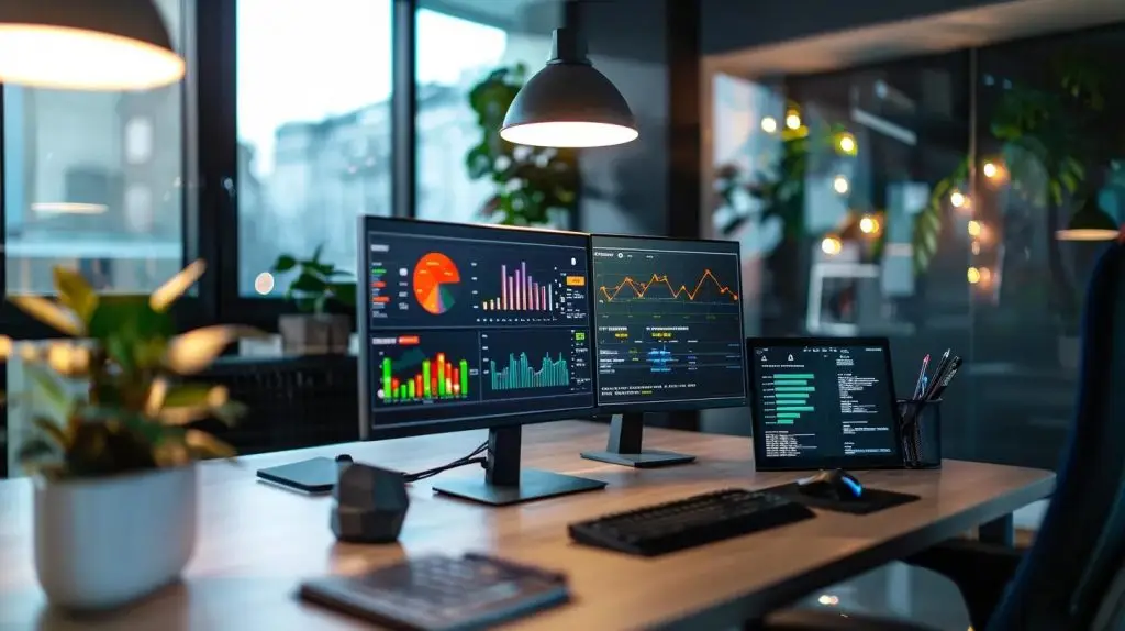 a sleek, modern office setting filled with multiple high-resolution screens displaying dynamic threat intelligence dashboards, utilizing vivid color contrasts to showcase various cybersecurity metrics and analytics.