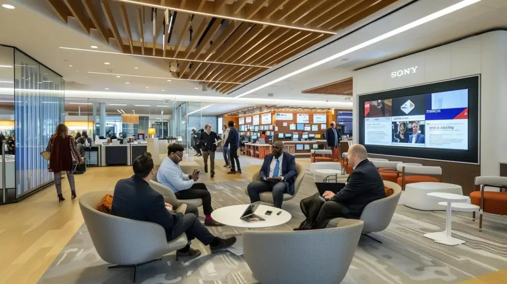 a sleek, modern office setting showcases a diverse team engaging in a dynamic discussion around a digital display of incident management solutions, illuminated by the warm glow of overhead lights that highlight their focused expressions.