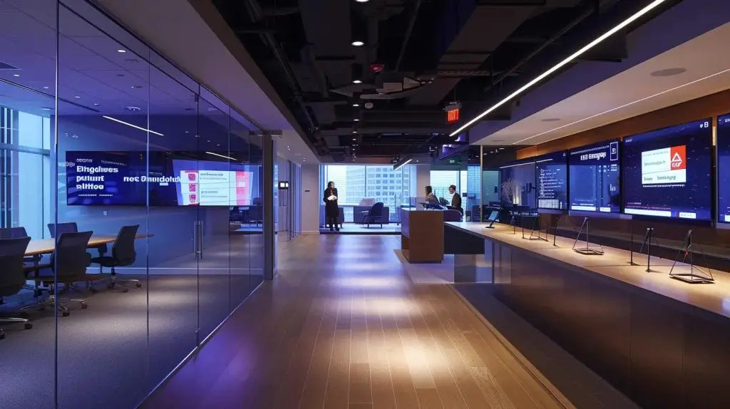 a sleek, modern office setup showcases essential incident response plan templates displayed prominently on digital screens, with a backdrop of team members engaged in focused discussions, illuminated by strategic ambient lighting.