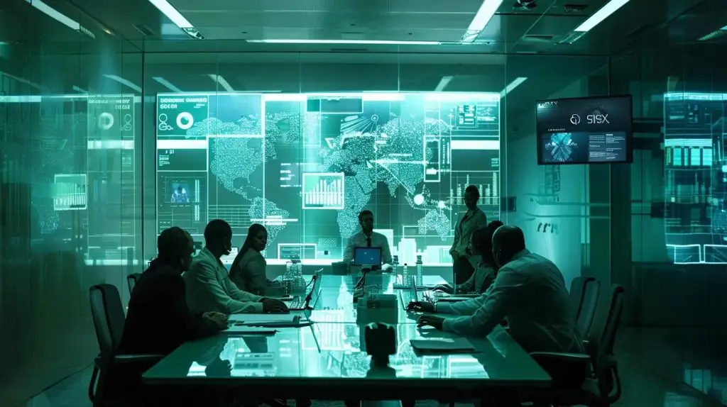 a sleek, modern office space showcases a focused meeting between a diverse team of professionals discussing cybersecurity strategies, with digital displays highlighting metrics and compliance regulations in the background.