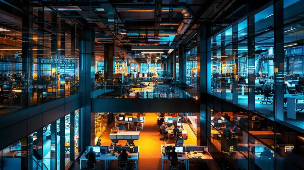 a sleek, modern office space filled with diverse professionals engaged in discussions around digital compliance strategies, illuminated by bright overhead lights reflecting off glossy surfaces, conveying an atmosphere of innovation and collaboration in security auditing.