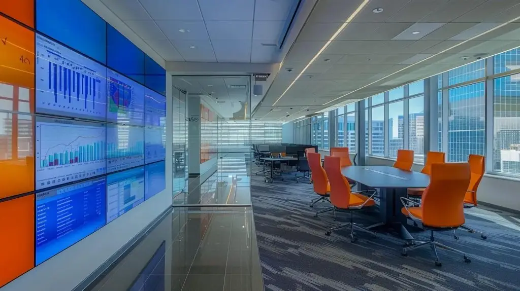a sleek, modern office space featuring high-tech governance software displayed on large screens, with vibrant graphs and charts illustrating compliance metrics and analytics, and professionals collaboratively engaged in discussions around minimizing regulatory risks and enhancing operational efficiency.