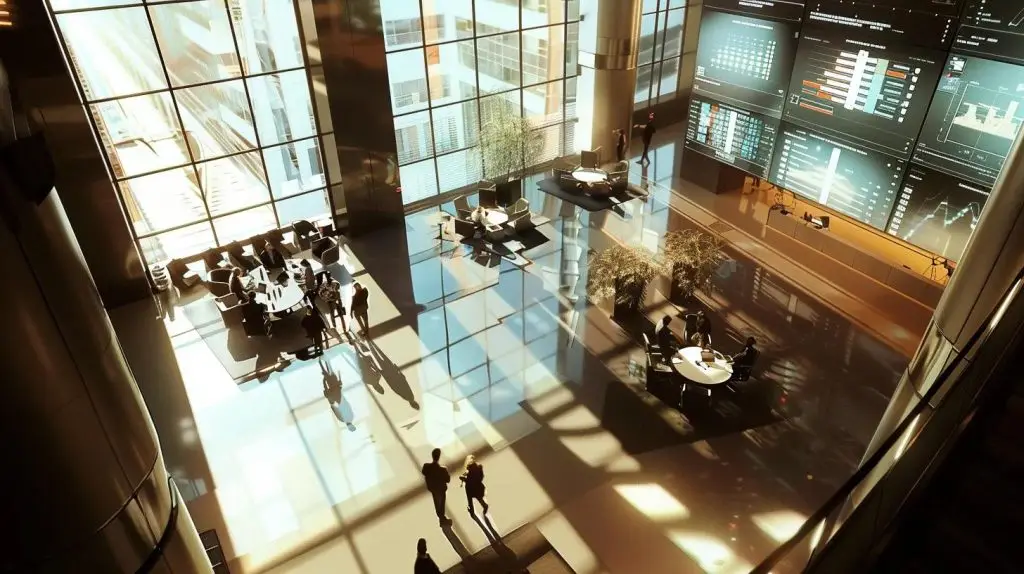 a sleek, modern office space features a glowing digital security dashboard on a large screen, surrounded by professionals engaged in intense discussions about cybersecurity strategies.