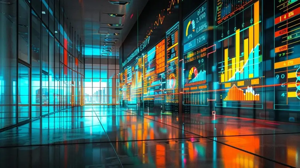 a sleek, modern office space is illuminated by vibrant screens displaying real-time sql server performance analytics and ai-driven insights, showcasing a professional engaging with advanced monitoring tools to optimize resource management in a hybrid cloud environment.