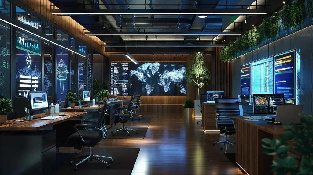 a sleek, modern office space filled with high-tech computer systems and multiple monitors displaying cybersecurity graphs and data analytics, emphasizing the sophisticated defense mechanisms employed by local cybersecurity firms.