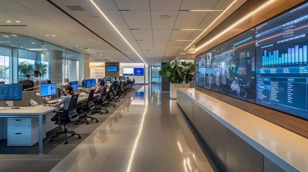a sleek, modern office space filled with professionals collaborating over digital compliance documents, highlighted by interactive screens displaying diverse industry regulations and cybersecurity data, emphasizing the adaptability and broad applicability of securitribe compliance solutions.