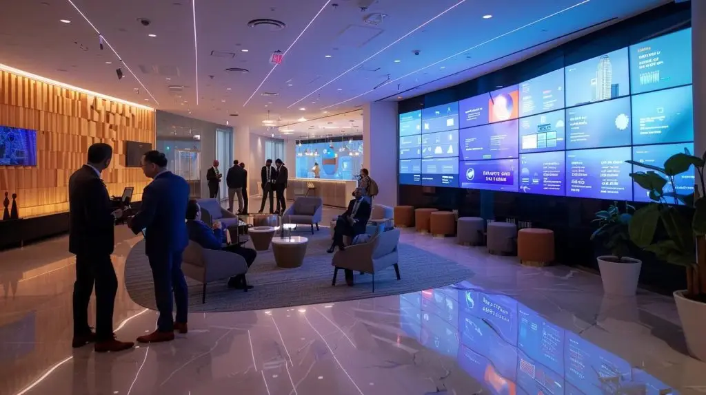 a sleek, modern office space is filled with professionals engaging in an interactive meeting surrounded by digital screens displaying compliance data and audit frameworks, emphasizing the critical role of internal auditing in regulatory integrity.