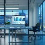 a sleek, modern office space is illuminated by the glow of multiple monitors displaying dynamic network performance analytics, emphasizing the theme of fortigate performance optimization amidst a backdrop of high-tech sophistication.