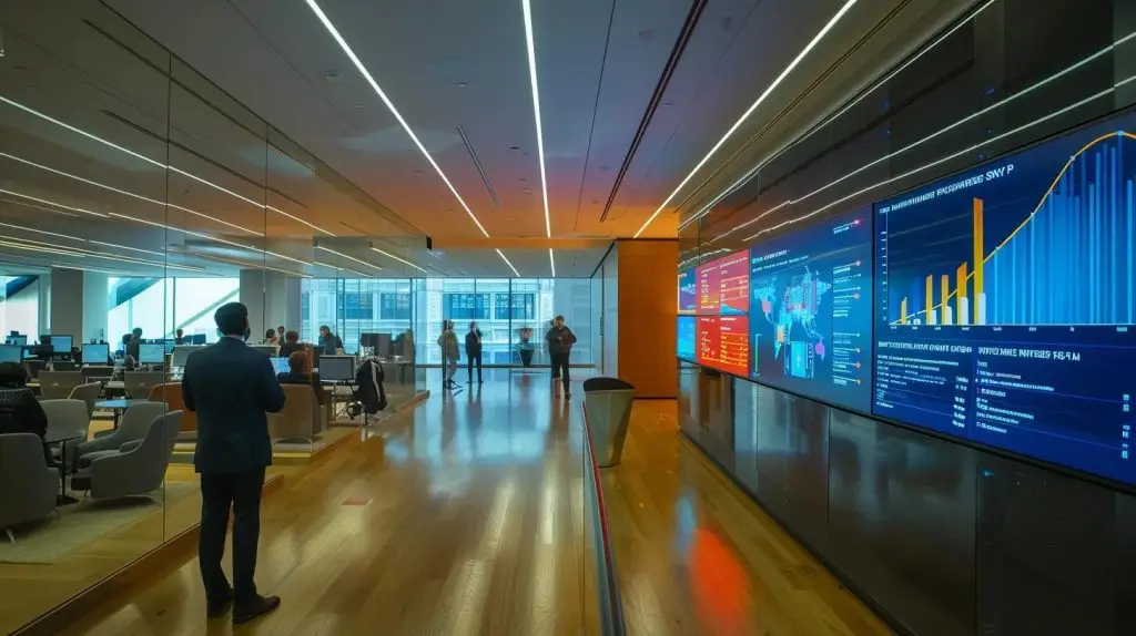 a sleek, modern office space showcases a diverse team of professionals engaged in a dynamic strategy session, surrounded by digital screens displaying graphs and data analysis focused on risk management techniques.