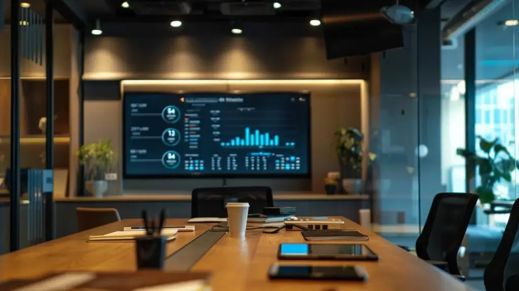 a sleek, modern office space features a digital dashboard displaying real-time cybersecurity metrics and threat analysis, highlighting securitribe compliance solutions' sophisticated approach to data protection and risk management.