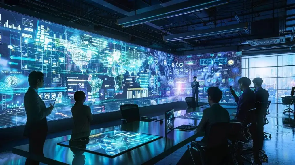 a sleek, modern office space featuring a large digital display with dynamic cybersecurity analytics, highlighting vulnerabilities and critical assets, while a diverse team of security professionals engages in strategic discussions around a central conference table.
