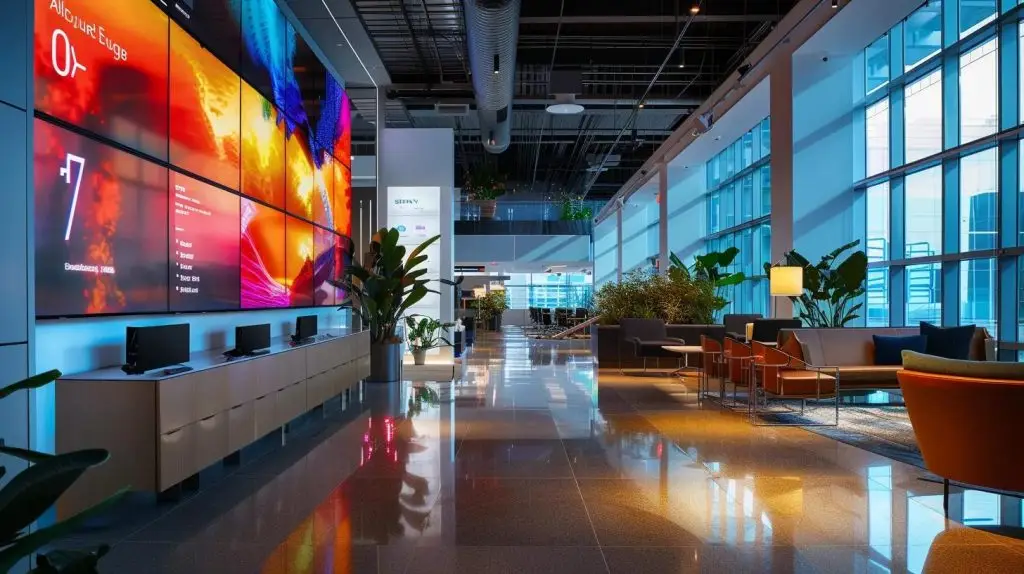 a sleek, modern office space featuring large screens displaying vivid analytics and data visualizations, with professionals engaged in a focused discussion about enhancing cybersecurity compliance strategies.