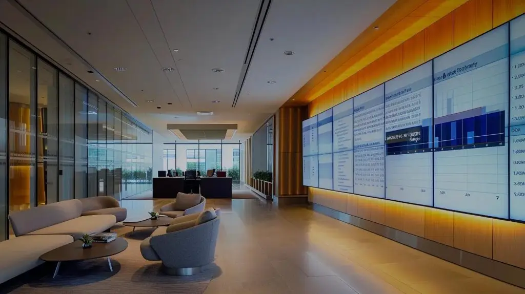 a sleek, modern office space features a confident professional presenting a digital dashboard displaying cloud compliance metrics and security regulations, illuminated by dynamic led lights that enhance the atmosphere of strategic innovation and oversight.