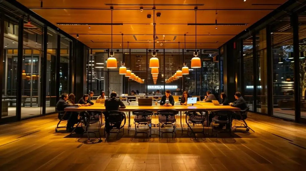 a sleek, modern office space featuring a large conference table surrounded by professionals engaged in a focused discussion on a digital presentation about hipaa security rule requirements, illuminated by warm overhead lighting that accentuates the serious and informative atmosphere.