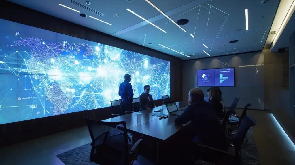 a sleek, modern office space features a large digital screen displaying dynamic cloud identity management graphics, with professionals engaging in focused discussions around a contemporary conference table, illuminated by cool, ambient lighting.