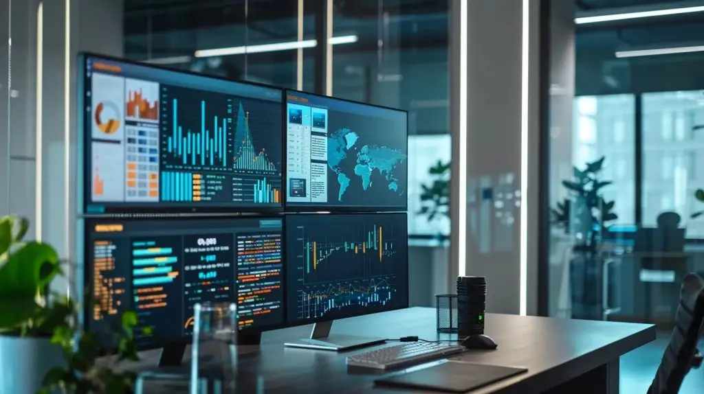 a sleek, modern office space features multiple high-resolution screens displaying dynamic data visualizations and cybersecurity alerts, emphasizing the critical role of advanced threat intelligence tools in driving business success.